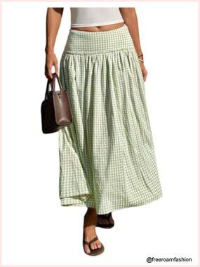 Women's Plaid Gingham Maxi Skirt High Waist Flowy Long Skirt